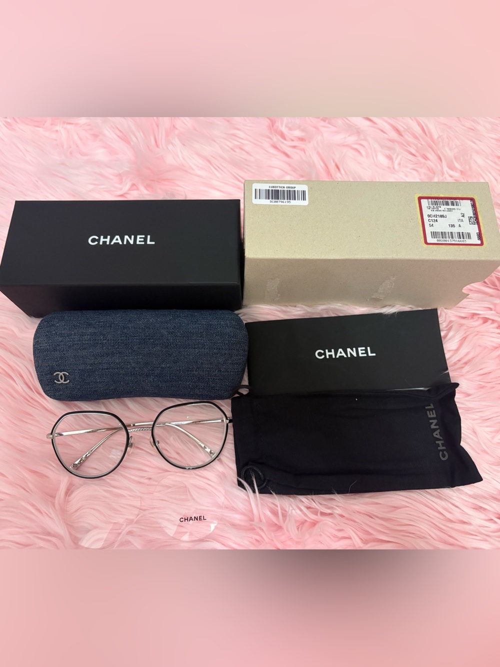 CHANEL Silver Round Metal Eyeglasses with Black Accents 2189J C124 52-19-135